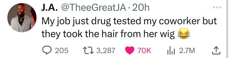 J.A. @TheeGreatJA· 20h ... My job just drug tested my coworker but they took the hair from her wig 205 3,287 70K 2.7M 