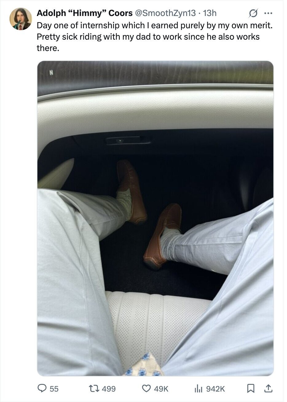 Adolph Himmy Coors @SmoothZyn13 13h G ... Day one of internship which I earned purely by my own merit. Pretty sick riding with my dad to work since he also works there. N 55 499 49K 942K 