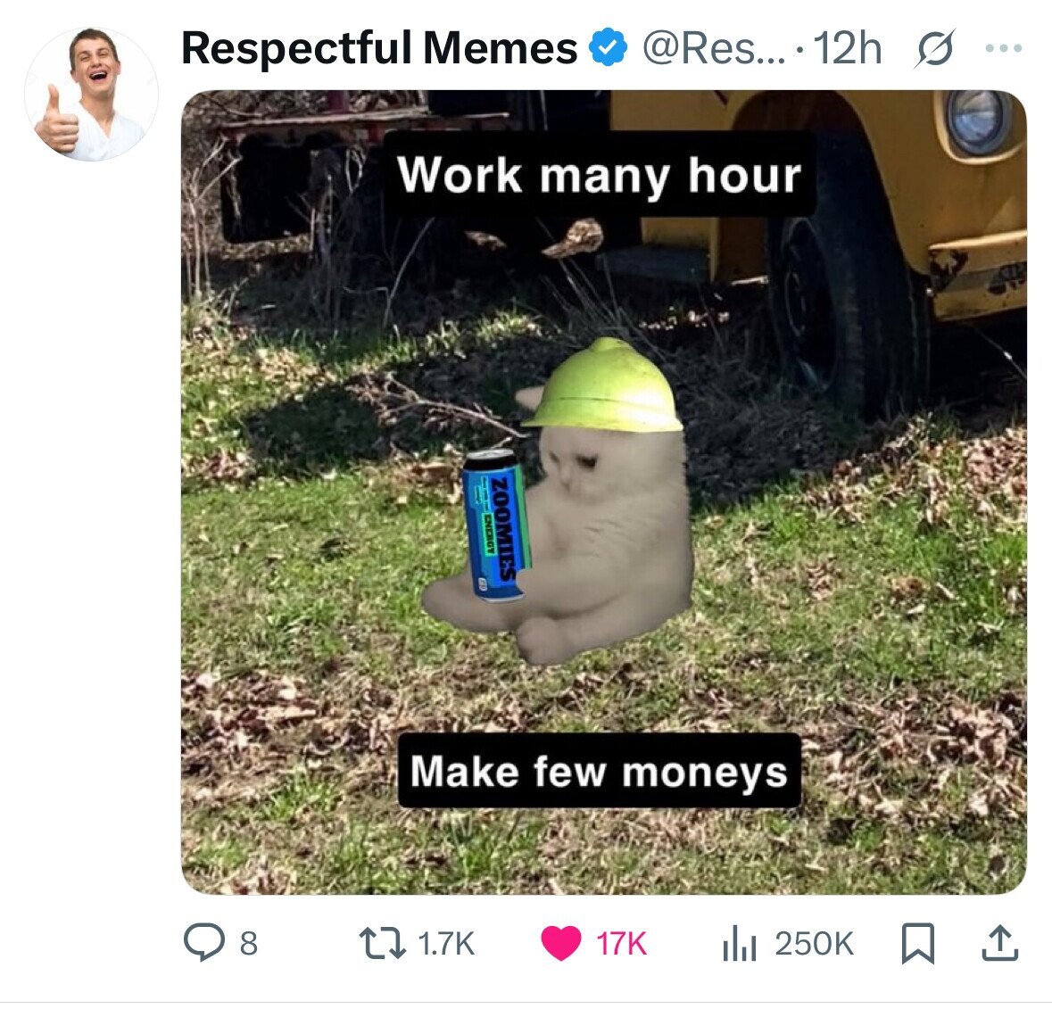 @Res... 12h s ... Respectful Memes Work many hour ZOOMIES ADMINS Make few moneys 250K 8 1.7K 17K 