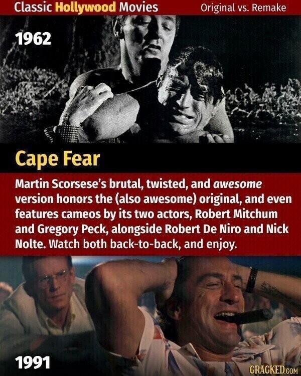 Classic Hollywood Movies Original vs. Remake 1962 Cape Fear Martin Scorsese's brutal, twisted, and awesome version honors the (also awesome) original, and even features cameos by its two actors, Robert Mitchum and Gregory Peck, alongside Robert De Niro and Nick Nolte. Watch both back-to-back, and enjoy. 1991 CRACKED.COM