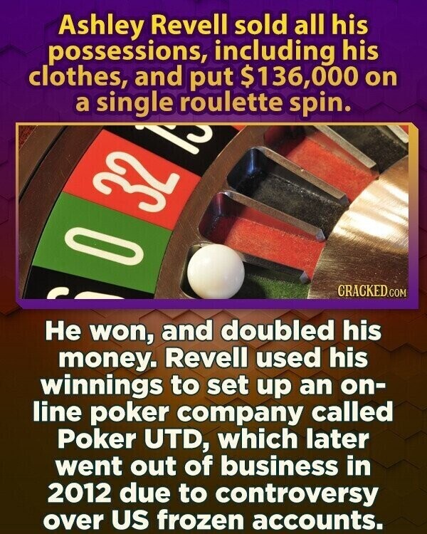 Ashley Revell sold all his possessions, including his clothes, and put $136,000 on a single roulette spin. IS 32 O CRACKED.COM Не won, and doubled his money. Revell used his winnings to set up an on- line poker company called Poker UTD, which later went out of business in 2012 due to controversy over US frozen accounts.
