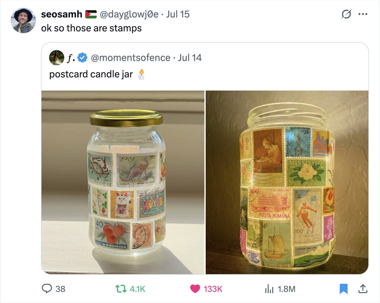 seosamh s @dayglowj0e Jul 15 ... ok so those are stamps @momentsofence . _ Jul 14 f. postcard candle jar HAND TWOT 24 COL 6 VII USA NONPROFIT 09 MIDNIGHT BUDI ONE 100 MISSISSIPPI 1817 1961 Letters mingle you! VISI SAHARA OCC RASO 10cUS 5cU.S. POSTAGE5 RADO 800 Here chenGA 812 TOS 82 15 POSTA ROMANA 40 CAR SANS 10, 4L 150 J 45 REPUBLIQUE DU TCHAD POSTA R.P.ROMINA NDA CANADA 1867-1967 EPUBLIC OF MALDIVES 38 4.1K 133K 1.8M