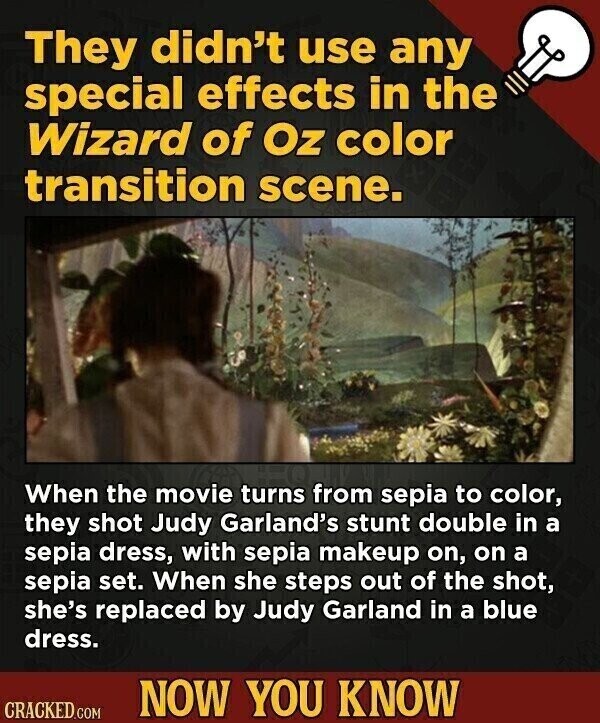 They didn't use any special effects in the Wizard of Oz color transition scene. When the movie turns from sepia to color, they shot Judy Garland's stunt double in a sepia dress, with sepia makeup on, on a sepia set. When she steps out of the shot, she's replaced by Judy Garland in a blue dress. NOW YOU KNOW CRACKED.COM