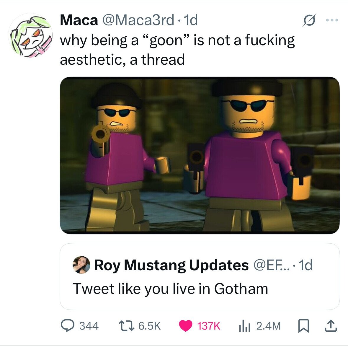 Maca @Maca3rd 1 1 1d G ... why being a goon is not a fucking aesthetic, a thread Roy Mustang Updates @EF.... 1d Tweet like you live in Gotham 344 6.5K 137K 2.4M 