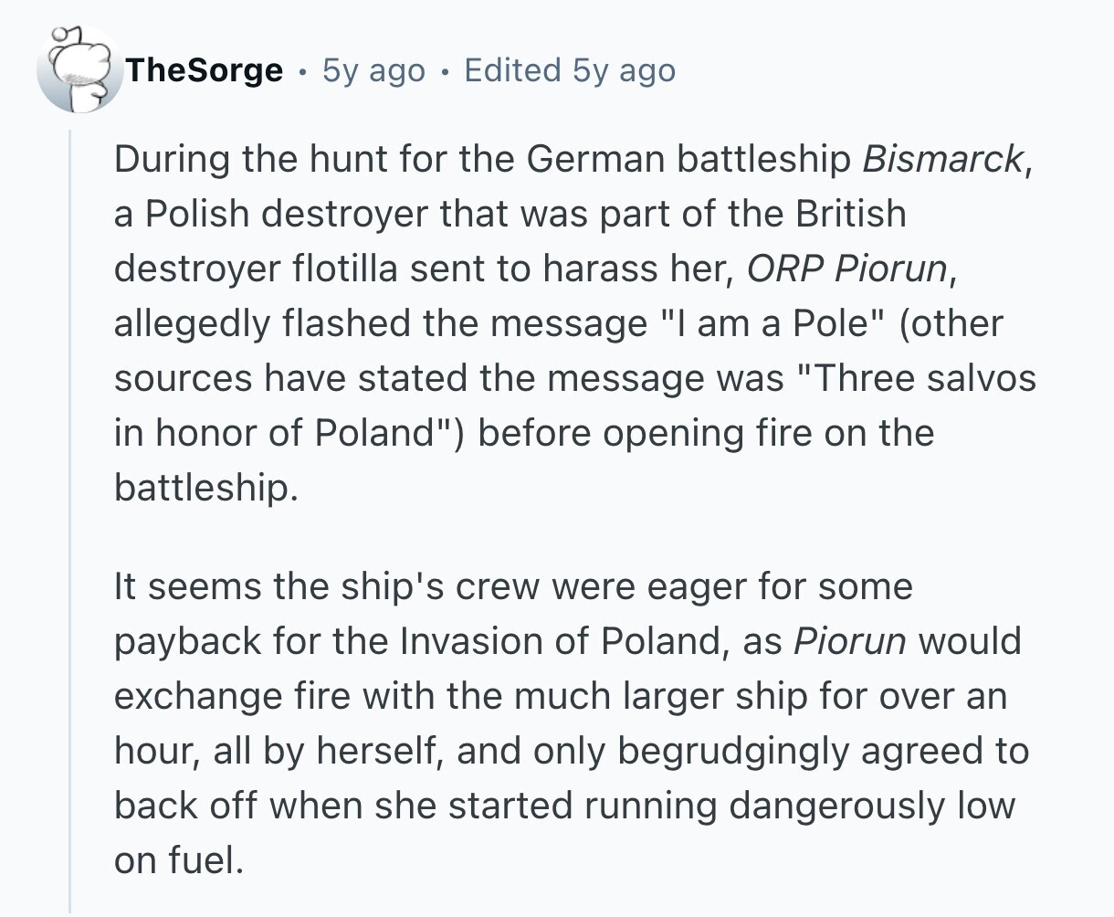 TheSorge 5y ago Edited 5y ago During the hunt for the German battleship Bismarck, a Polish destroyer that was part of the British destroyer flotilla sent to harass her, ORP Piorun, allegedly flashed the message I am a Pole (other sources have stated the message was Three salvos in honor of Poland) before opening fire on the battleship. It seems the ship's crew were eager for some payback for the Invasion of Poland, as Piorun would exchange fire with the much larger ship for over an hour, all by herself, and only begrudgingly agreed to back off when she started 