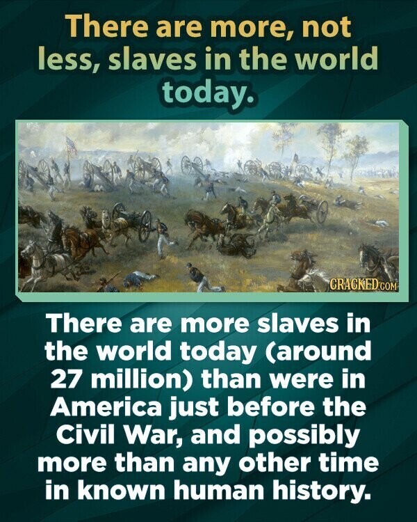 There are more, not less, slaves in the world today. CRACKED COM There are more slaves in the world today (around 27 million) than were in America just before the Civil War, and possibly more than any other time in known human history.
