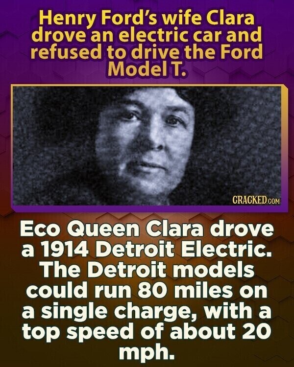 Henry Ford's wife Clara drove an electric car and refused to drive the Ford Model T. CRACKED.COM Eco Queen Clara drove a 1914 Detroit Electric. The Detroit models could run 80 miles on a single charge, with a top speed of about 20 mph.