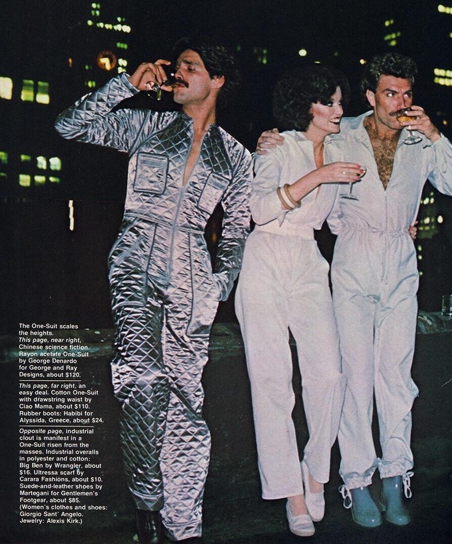 The One-Suit scales the heights. This page, near right, Chinese science fiction. Rayon acetate One-Suit by George Denardo for George and Ray Designs, about $120. This page, far right, an easy deal. Cotton One-Suit with drawstring waist by Ciao Mama, about S110. Rubber boots: Habibi for Alyssida. Greece, about S24. Opposite page, industrial clout is manifest in a One-Suit risen from the masses. Industrial overalls in polyester and cotton: Big Ben by Wrangler, about S16. Ultressa scarf by Carara Fashions, about $10. Suede-and-leather shoes by Martegani for Gentlemen's Footgear, about S85 (Women's clothes and shoes: Giorgio Sant' Angelo. Jewelry: Alexis 