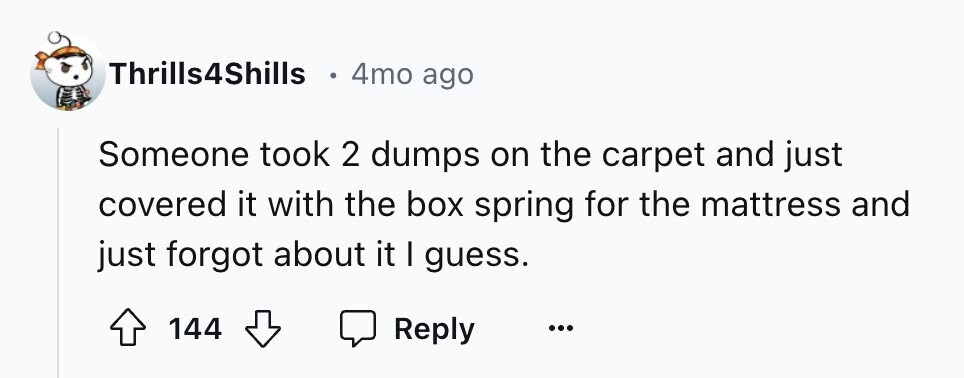 Thrills4Shills 4mo ago Someone took 2 dumps on the carpet and just covered it with the box spring for the mattress and just forgot about it I guess. 144 Reply ... 
