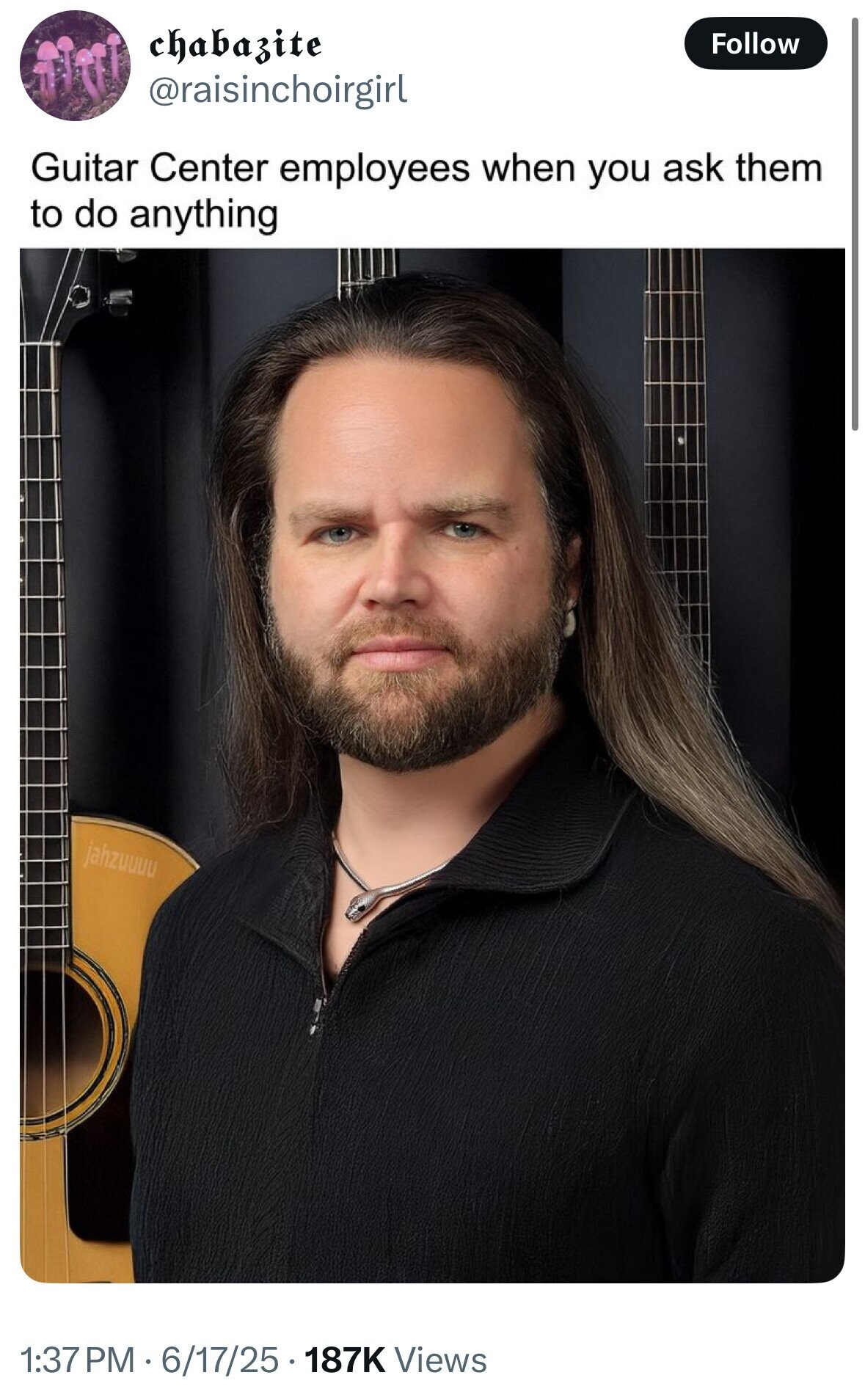 chabazite Follow @raisinchoirgirl Guitar Center employees when you ask them to do anything jahzuuuu 1:37PM -6/17/25.187K Views