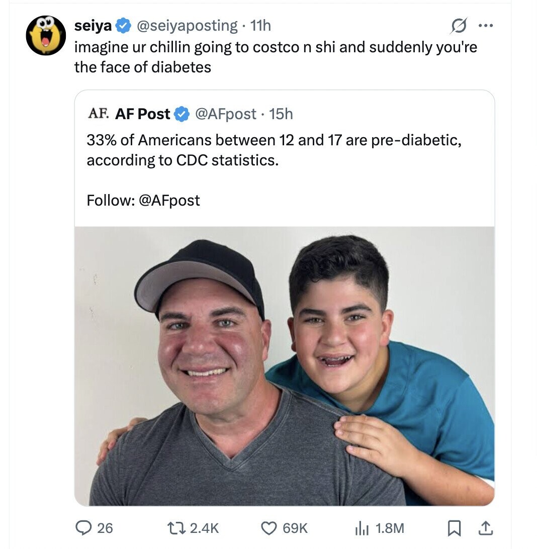 G ... seiya @seiyaposting 11h imagine ur chillin going to costco n shi and suddenly you're the face of diabetes AF. AF Post @AFpost 15h 33% of Americans between 12 and 17 are pre-diabetic, according to CDC statistics. Follow: @AFpost 26 69K 2.4K 1.8M