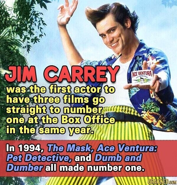 JIM CARREY ACE VENTURA was the first actor to have three films go straight to number one at the Box Office in the same year. In 1994, The Mask, Ace Ventura: Pet Detective, and Dumb and Dumber all made number one. CRACKED.COM