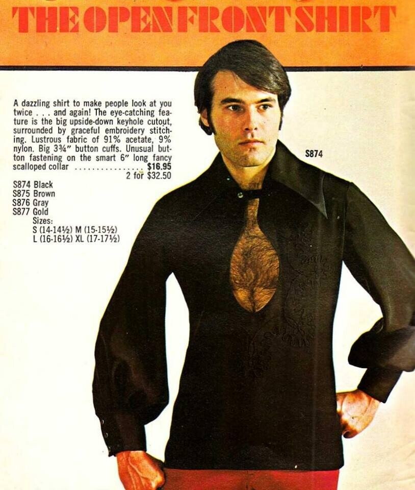 THEOPENFRONTSHIRT A dazzling shirt to make people look at you twice and again! The eye-catching fea- ture is the big upside-down keyhole cutout, surrounded by graceful embroidery stitch- ing. Lustrous fabric of 91% acetate, 9% nylon. Big 33/4 button cuffs. Unusual but- S874 ton fastening on the smart 6 long fancy scalloped collar $16.95 2 for $32.50 S874 Black S875 Brown S876 Gray S877 Gold Sizes: S (14-141/2) M (15-151/2) L (16-161/2) XL (17-171/2) 