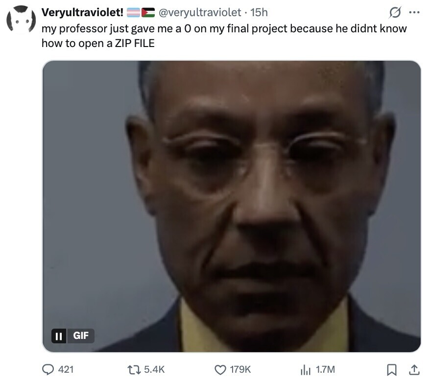 s ... Veryultraviolet! @veryultraviolet - 15h my professor just gave me a 0 on my final project because he didnt know how to open a ZIP FILE GIF 421 5.4K 179K del 1.7M 