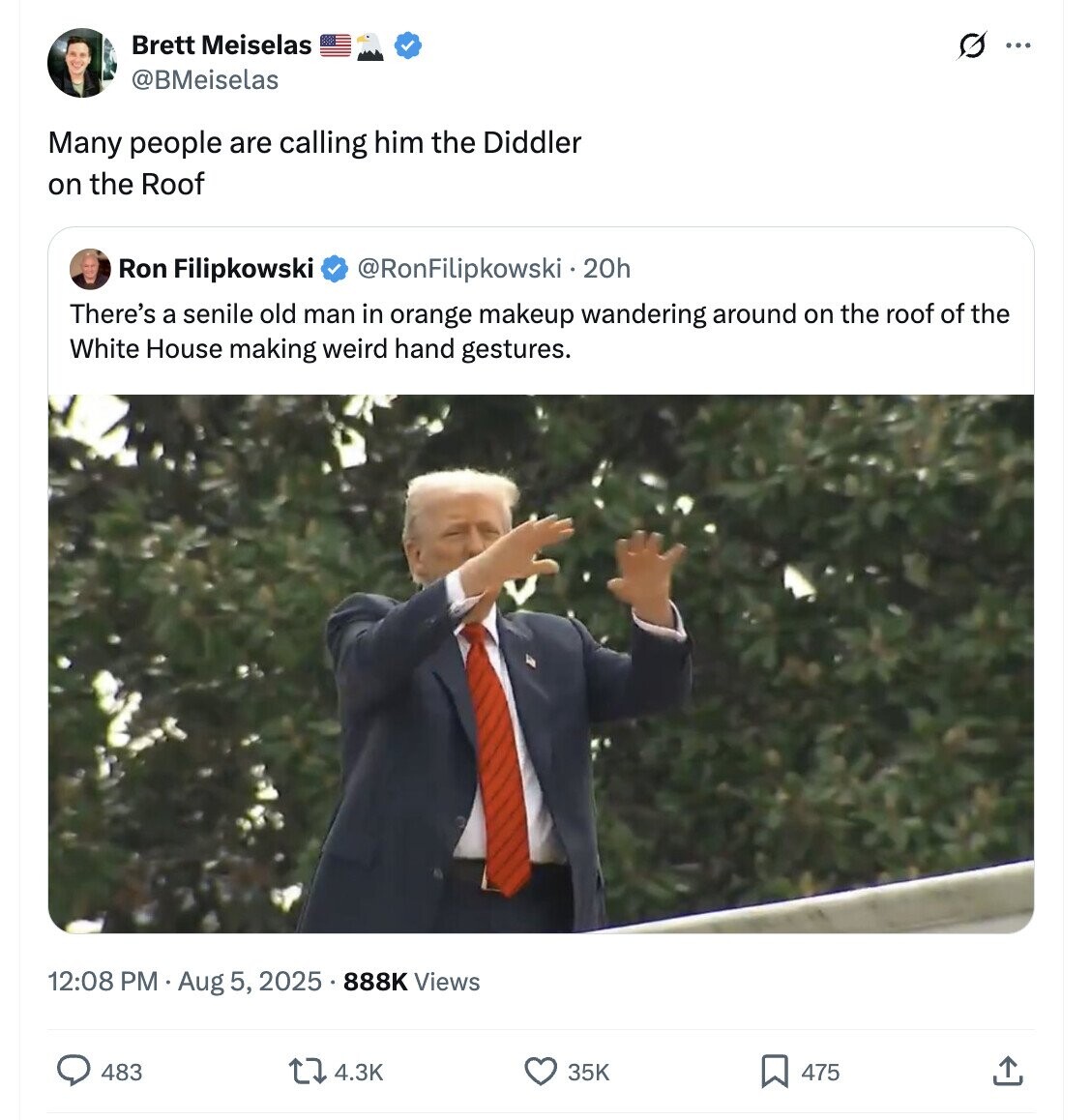Brett Meiselas G ... @BMeiselas Many people are calling him the Diddler on the Roof Ron Filipkowski @RonFilipkowski.20h There's a senile old man in orange makeup wandering around on the roof of the White House making weird hand gestures. 12:08 PM Aug 5, 2025 888K Views 483 4.3K 35K 475 