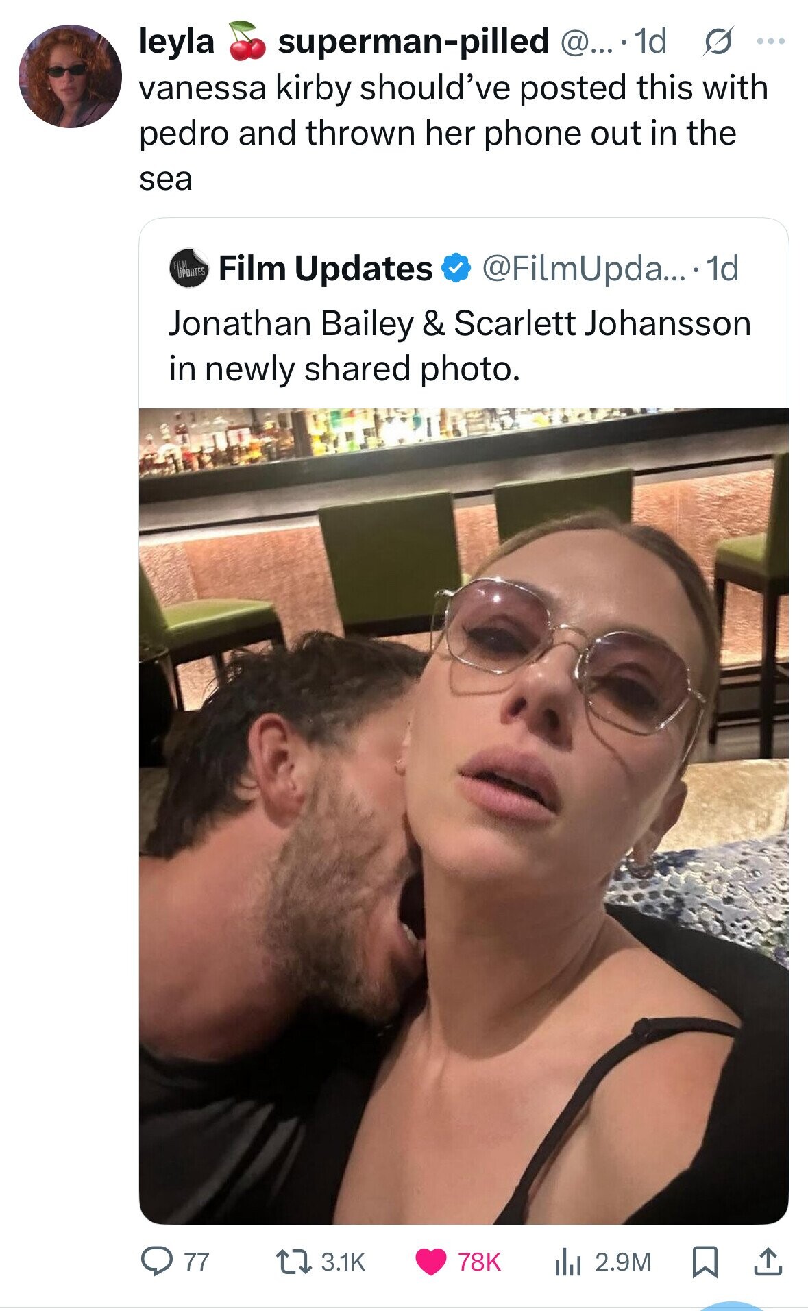 leyla superman-pilled @... . 1d s ... vanessa kirby should've posted this with pedro and thrown her phone out in the sea FILM UPDATES Film Updates @FilmUpda... 1d Jonathan Bailey & Scarlett Johansson in newly shared photo. 77 3.1K 78K dJ 2.9M 
