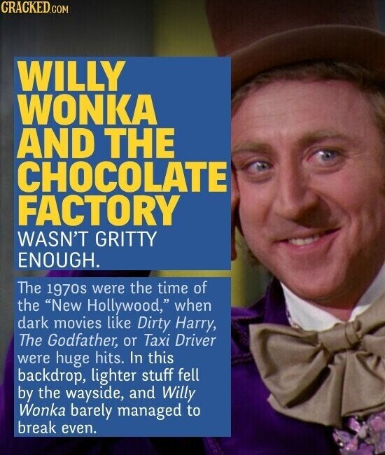 CRACKED.COM WILLY WONKA AND THE CHOCOLATE FACTORY WASN'T GRITTY ENOUGH. The 1970s were the time of the New Hollywood, when dark movies like Dirty Harry, The Godfather, or Taxi Driver were huge hits. In this backdrop, lighter stuff fell by the wayside, and Willy Wonka barely managed to break even.