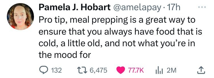 Pamela J. Hobart @amelapay.1 17h ... Pro tip, meal prepping is a great way to ensure that you always have food that is cold, a little old, and not what you're in the mood for 132 6,475 77.7K 2M 
