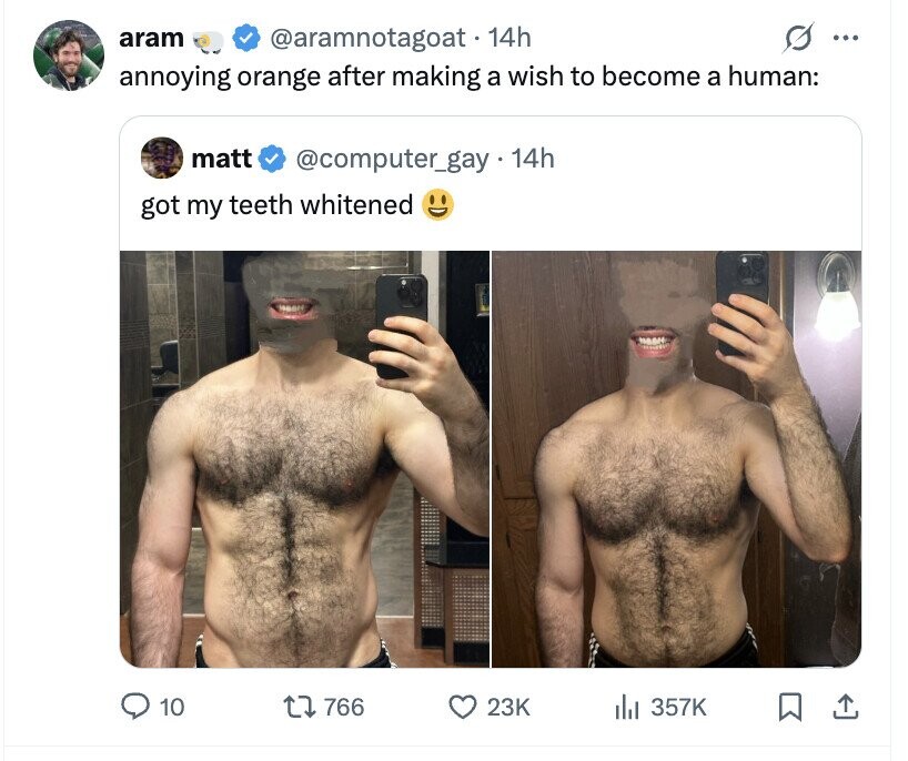 aram @aramnotagoat 14h ... annoying orange after making a wish to become a human: matt @computer_gay.14h got my teeth whitened 10 766 23K 357K