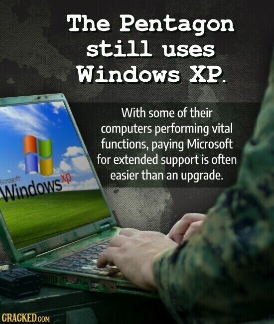 The Pentagon still uses Windows ХР. With some of their computers performing vital functions, paying Microsoft for extended support is often easier than an upgrade. icrosoft Windows xp CRACKED.COM