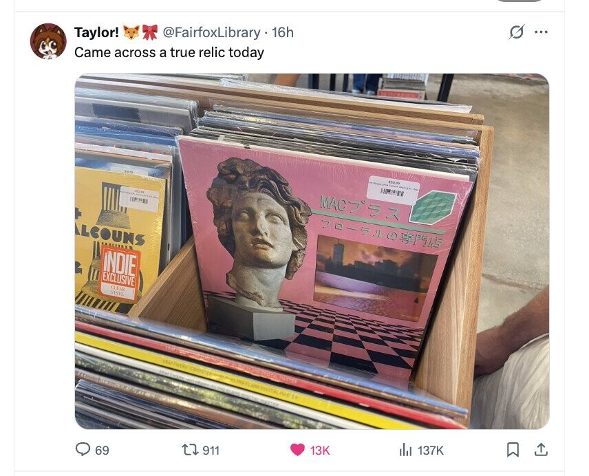 G ... @FairfoxLibrary . 16h Taylor! Came across a true relic today $50.00 WAS - - SOC TO MAC + ALCOUNS INDIE EXCLUSIVE CLEAR VINYL del 137K 13K 911 69 
