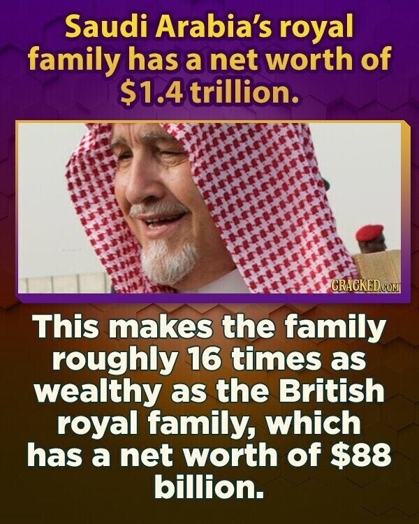 Saudi Arabia's royal family has a net worth of $1.4 trillion. CRACKED.COM This makes the family roughly 16 times as wealthy as the British royal family, which has a net worth of $88 billion.