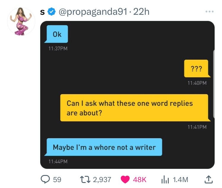 S @propaganda91.22h Ok 11:37PM ??? 11:40PM Can I ask what these one word replies are about? 11:41PM Maybe I'm a whore not a writer 11:44PM 59 2,937 48K 1.4M