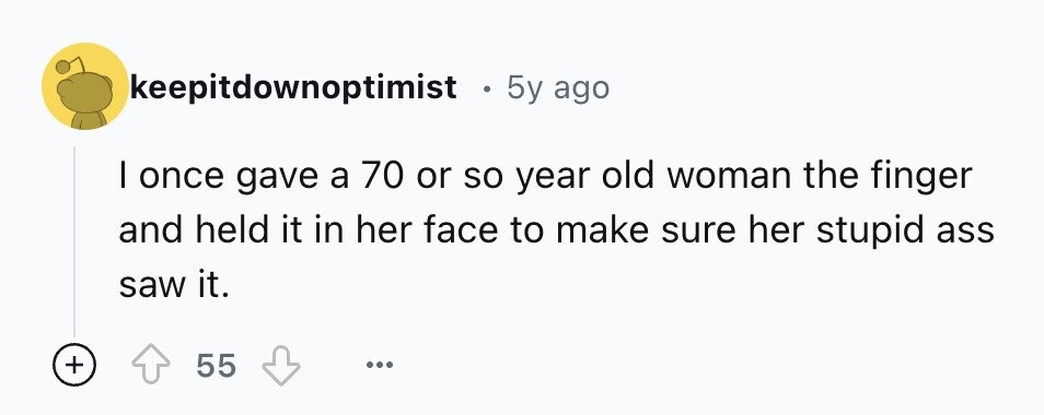 keepitdownoptimist . 5y ago I once gave a 70 or so year old woman the finger and held it in her face to make sure her stupid ass saw it. + 55