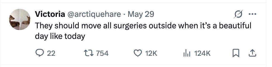 Victoria @arctiquehare May 29 ... They should move all surgeries outside when it's a beautiful day like today 22 754 12K 124K