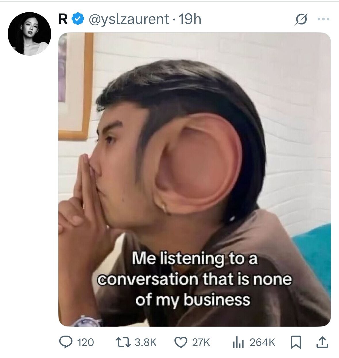 O R @yslzaurent.19h ... Me listening to a conversation that is none of my business 120 3.8K 27K del 264K 