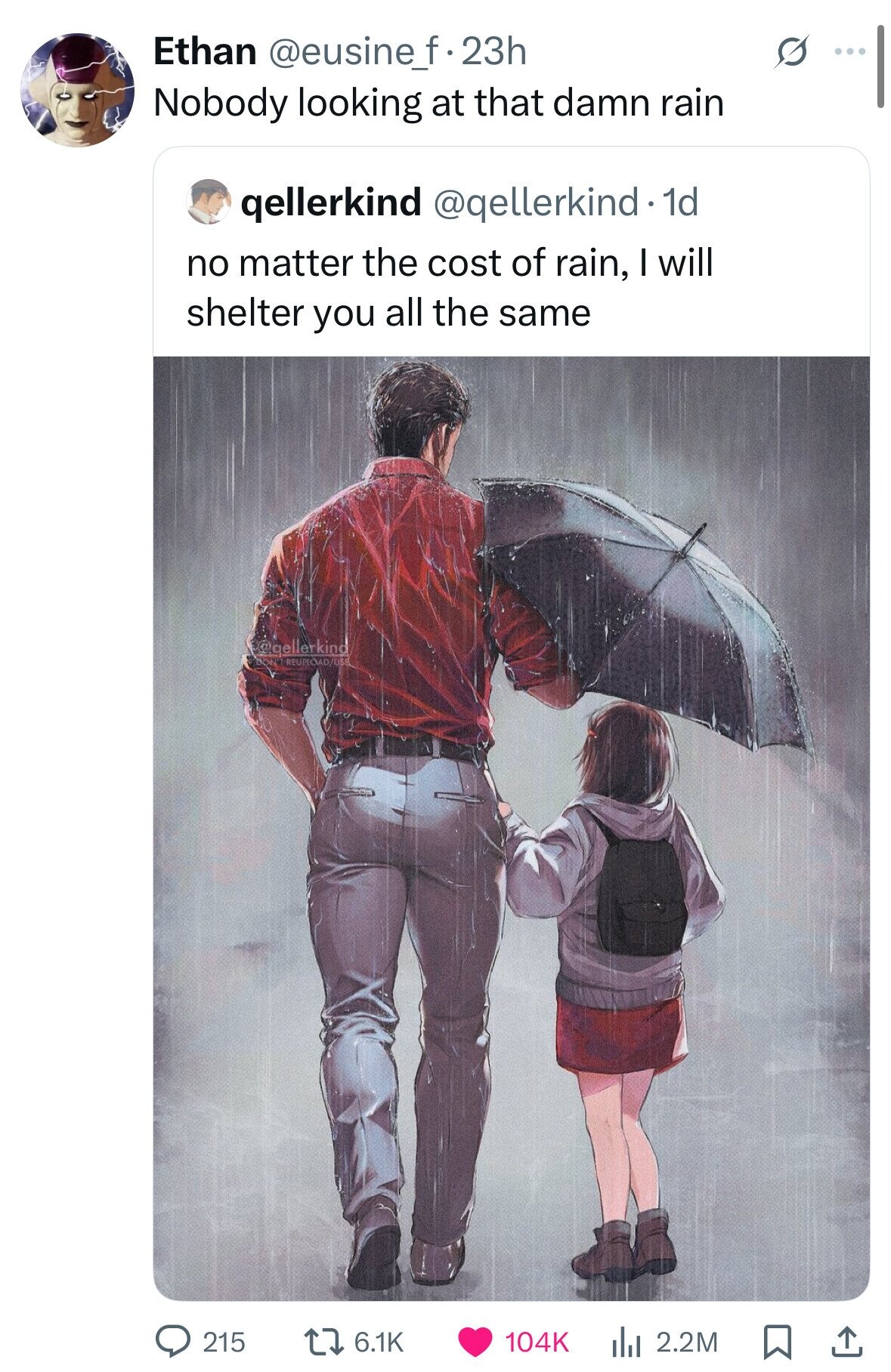Ethan @eusine_f2 23h Nobody looking at that damn rain qellerkind @qellerkind . 1d no matter the cost of rain, I will shelter you all the same @gellerkind REUPLOAD/USB 6.1K 215 104K del 2.2M 
