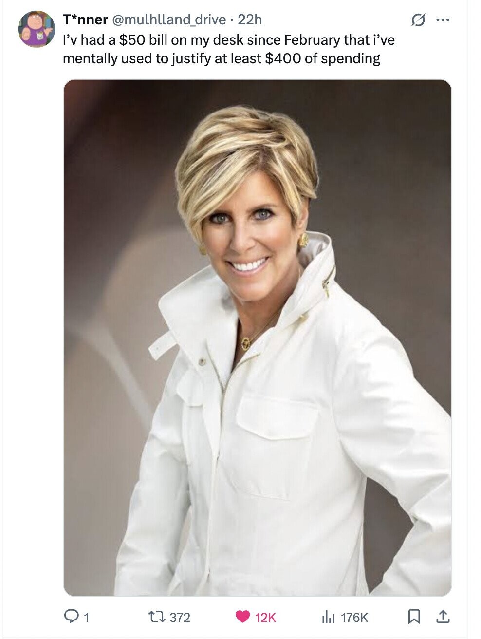 T*nner @mulhlland_drive : 22h ... I'v had a $50 bill on my desk since February that i've mentally used to justify at least $400 of spending 1 372 12K del 176K 