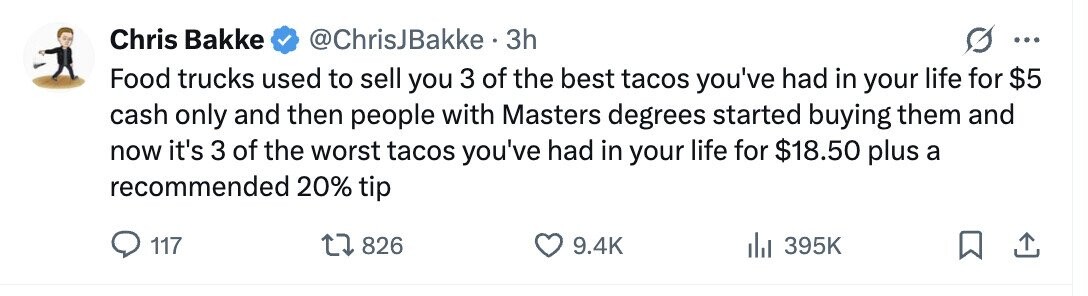 Chris Bakke @ChrisJBakke 3h ... Food trucks used to sell you 3 of the best tacos you've had in your life for $5 cash only and then people with Masters degrees started buying them and now it's 3 of the worst tacos you've had in your life for $18.50 plus a recommended 20% tip 117 826 9.4K 395K 