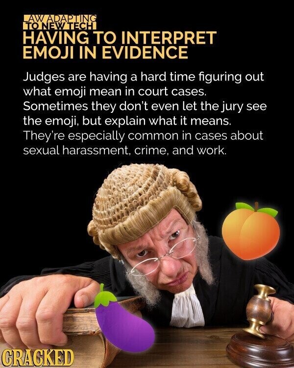 LAW ADAPTING TO NEW TECH HAVING TO INTERPRET EMOJI IN EVIDENCE Judges are having a hard time figuring out what emoji mean in court cases. Sometimes they don't even let the jury see the emoji, but explain what it means. They're especially common in cases about sexual harassment, crime, and work. CRACKED