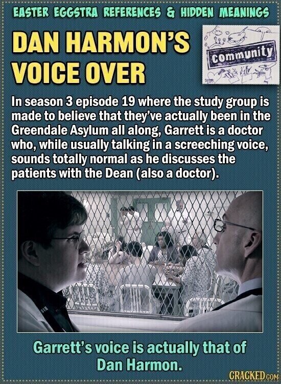 EASTER EGGSTRA REFERENCES & HIDDEN MEANINGS DAN HARMON'S community VOICE OVER In season 3 episode 19 where the study group is made to believe that they've actually been in the Greendale Asylum all along, Garrett is a doctor who, while usually talking in a screeching voice, sounds totally normal as he discusses the patients with the Dean (also a doctor). Garrett's voice is actually that of Dan Harmon. GRACKED COM