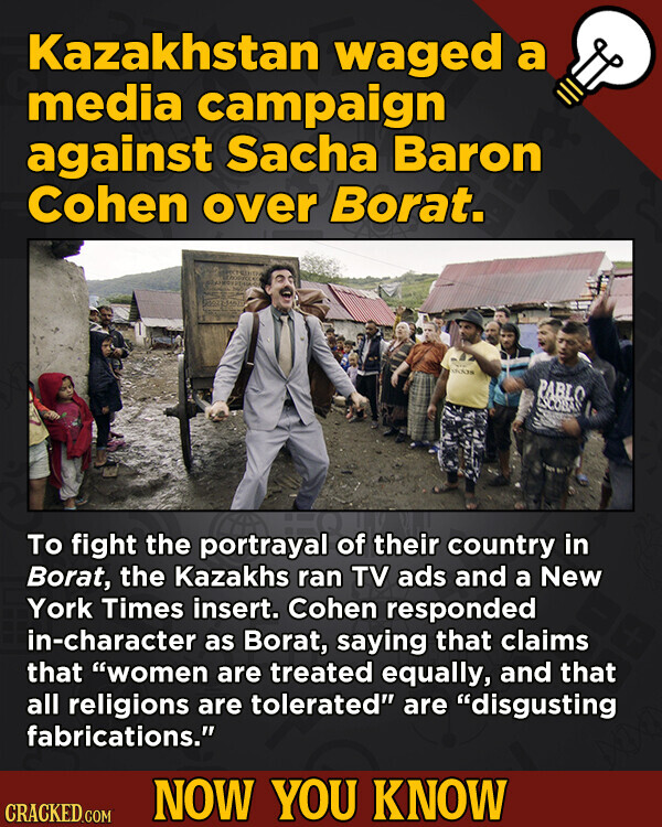 Kazakhstan waged a media campaign against Sacha Baron Cohen over Borat. adidas PABLO ESCOLATA To fight the portrayal of their country in Borat, the Kazakhs ran TV ads and a New York Times insert. Cohen responded in-character as Borat, saying that claims that women are treated equally, and that all religions are tolerated are disgusting fabrications. NOW YOU KNOW CRACKED.COM