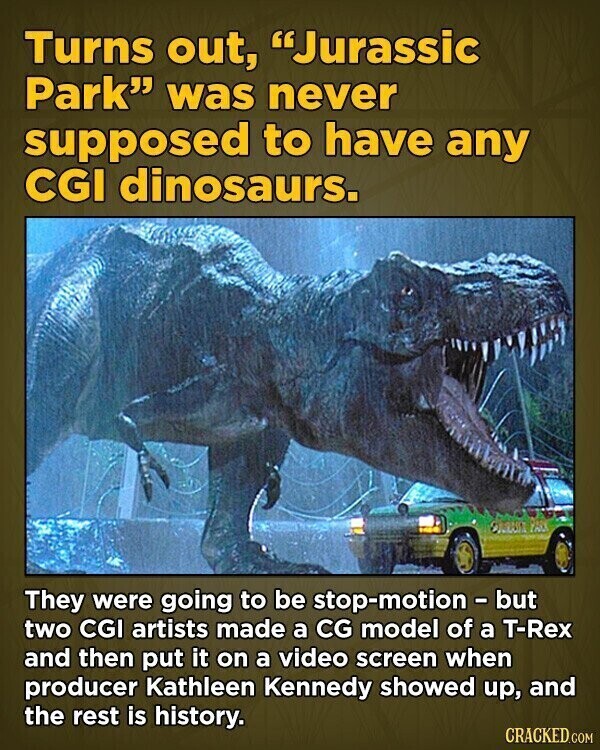 Turns out, Jurassic Park was never supposed to have any CGI dinosaurs. INC They were going to be stop-motion - but two CGI artists made a CG model of a T-Rex and then put it on a video screen when producer Kathleen Kennedy showed up, and the rest is history. CRACKED.COM