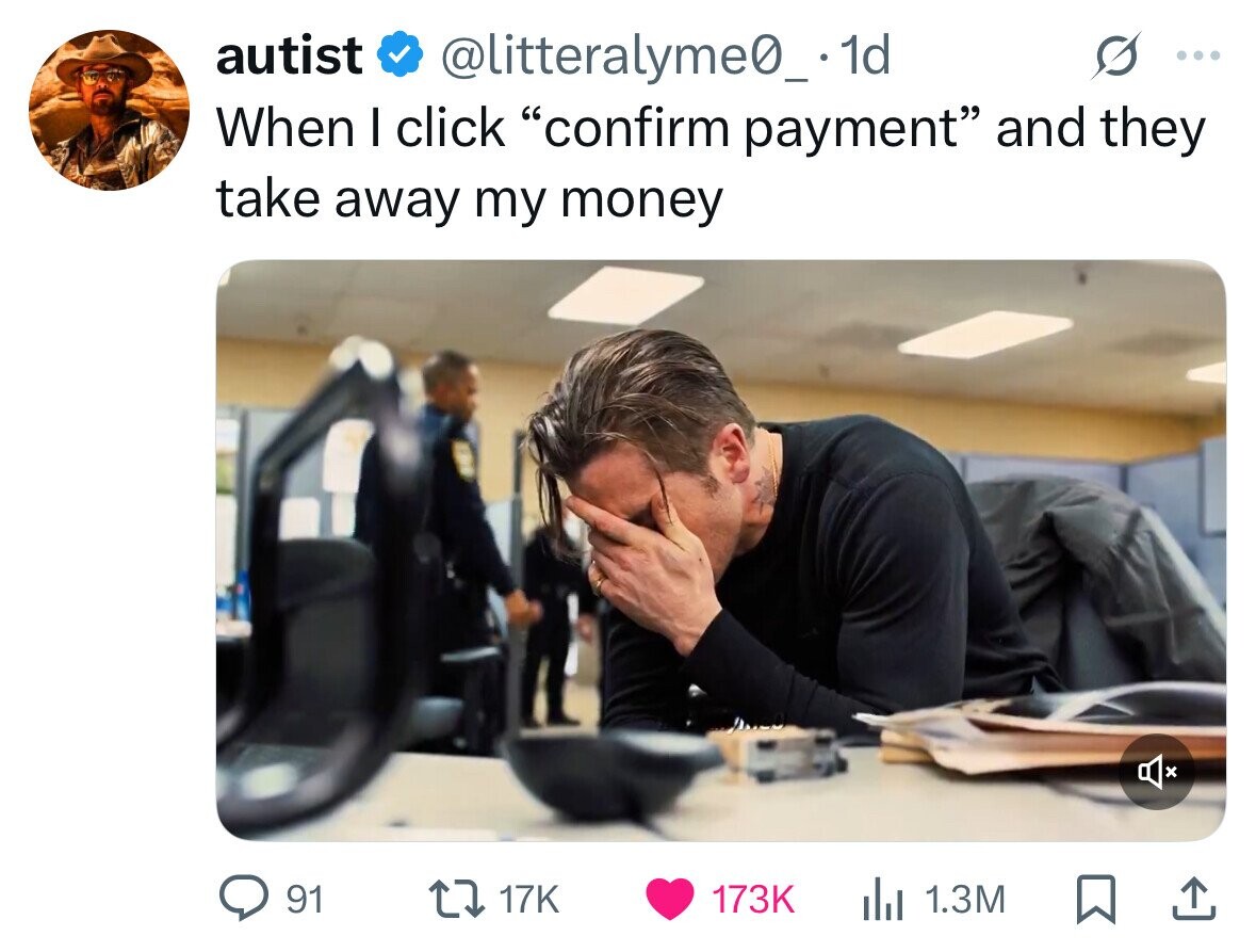 autist @litteralyme0__dd ... When I click confirm payment and they take away my money 91 17K 173K del 1.3M 