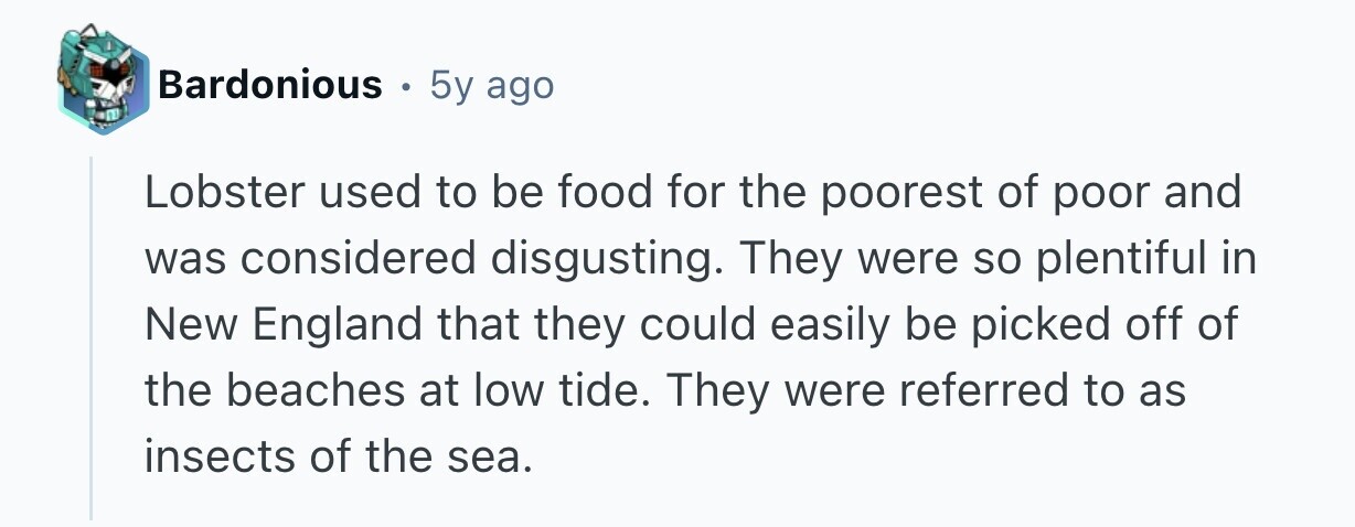 Bardonious 5y ago Lobster used to be food for the poorest of poor and was considered disgusting. They were so plentiful in New England that they could easily be picked off of the beaches at low tide. They were referred to as insects of the sea. 