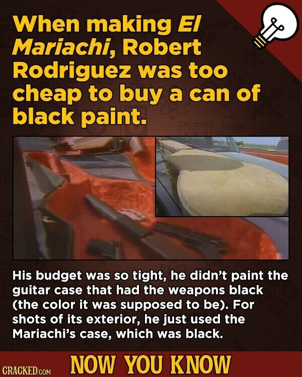 When making El Mariachi, Robert Rodriguez was too cheap to buy a can of black paint. His budget was so tight, he didn't paint the guitar case that had the weapons black (the color it was supposed to be). For shots of its exterior, he just used the Mariachi's case, which was black. NOW YOU KNOW CRACKED.COM