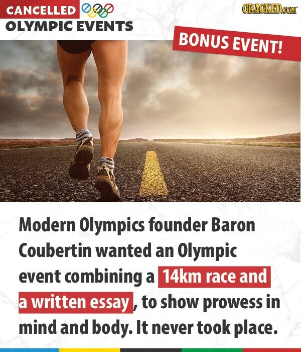 CANCELLED CRACKED.COM OLYMPIC EVENTS BONUS EVENT! Modern Olympics founder Baron Coubertin wanted an Olympic event combining a 14km race and a written essay, to show prowess in mind and body. It never took place.