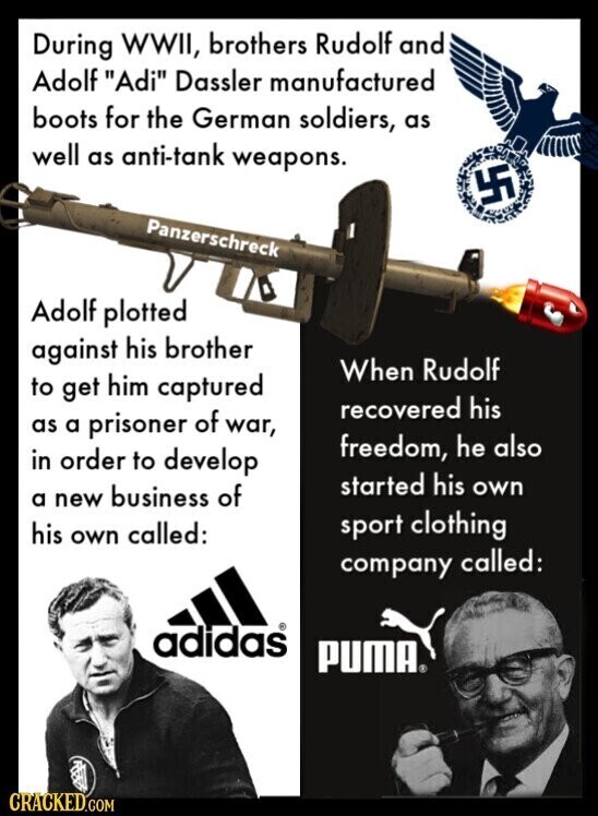 During WWII, brothers Rudolf and Adolf Adi Dassler manufactured boots for the German soldiers, as well as anti-tank weapons. УБ Panzerschreck Adolf plotted against his brother When Rudolf to get him captured recovered his as a prisoner of war, freedom, he also in order to develop started his own a new business of sport clothing his own called: company called: adidas PUMA® CRACKED.COM