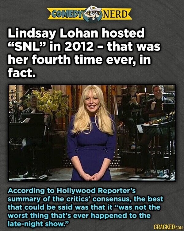 COMEDY NERD Lindsay Lohan hosted SNL in 2012 - that was her fourth time ever, in fact. According to Hollywood Reporter's summary of the critics' consensus, the best that could be said was that it was not the worst thing that's ever happened to the late-night show. CRACKED.COM