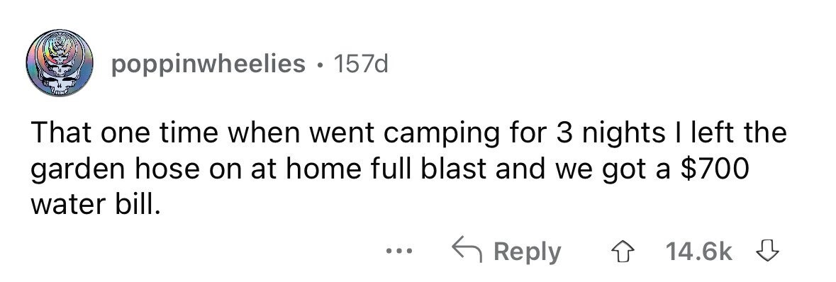 poppinwheelies . 157d That one time when went camping for 3 nights I left the garden hose on at home full blast and we got a $700 water bill. ... Reply 14.6k