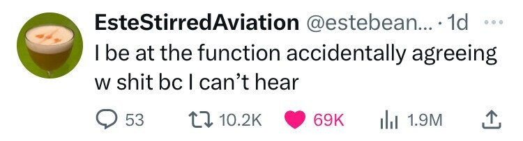 EsteStirredAviation @estebean... 1d ... I be at the function accidentally agreeing W shit bc I can't hear 53 10.2K 69K 1.9M