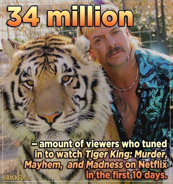 34 million -amount of viewers who tuned in to watch Tiger King: Murder, Mayhem, and Madness on Netflix GRACKED COM in the first 10 days.