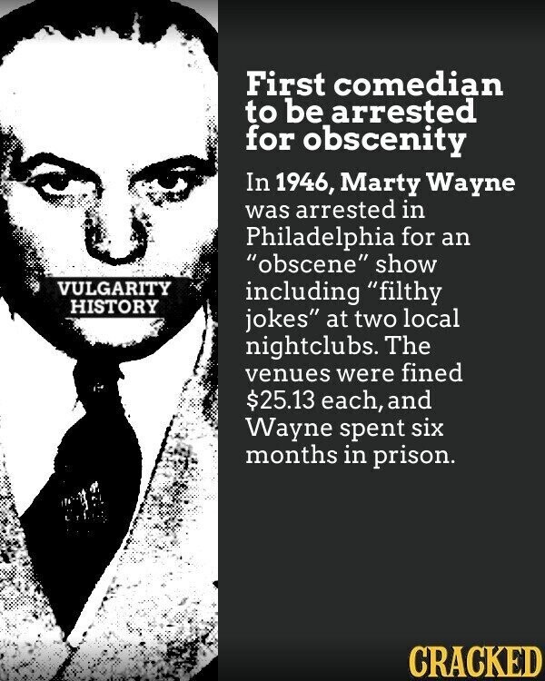 First comedian to be arrested for obscenity In 1946, Marty Wayne was arrested in Philadelphia for an obscene show VULGARITY including filthy HISTORY jokes at two local nightclubs. The venues were fined $25.13 each, and Wayne spent six months in prison. CRACKED
