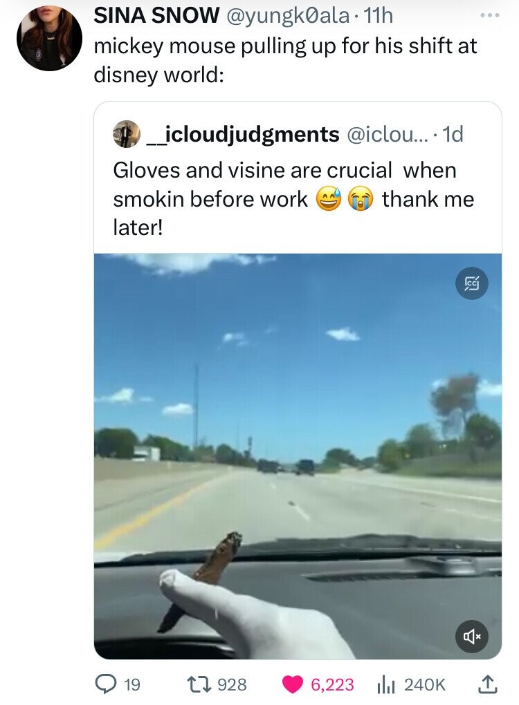 SINA SNOW @yungk0ala. 11h ... mickey mouse pulling up for his shift at disney world: _icloudjudgments @iclou... 1d Gloves and visine are crucial when smokin before work thank me later! CC 19 928 6,223 240K