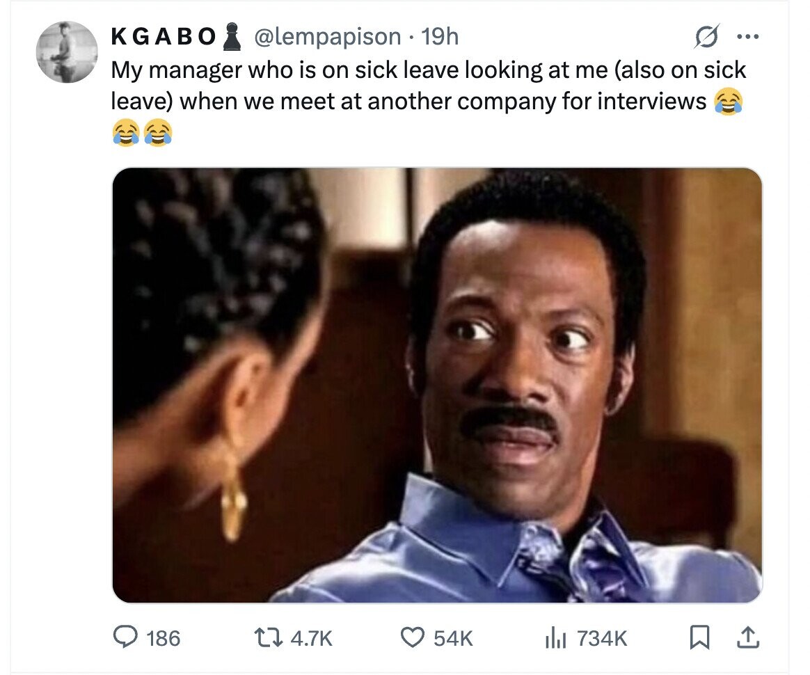 KGABO @lempapison 19h ... My manager who is on sick leave looking at me (also on sick leave) when we meet at another company for interviews 186 4.7K 54K del 734K 