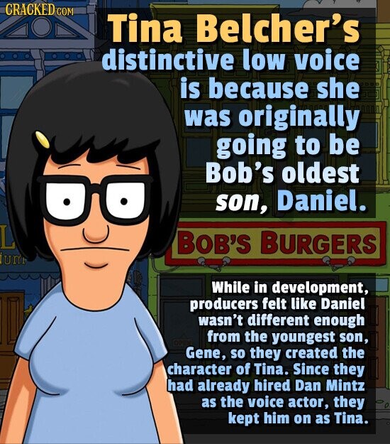 CRACKED COM Tina Belcher's distinctive low voice is because she was originally going to be Bob's oldest son, Daniel. L BOB'S BURGERS ium While in development, producers felt like Daniel wasn't different enough from the youngest son, Gene, so they created the character of Tina. Since they had already hired Dan Mintz as the voice actor, they kept him on as Tina.